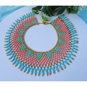 Elegant  Blue Beaded  Necklace made with  Zcech beads . One Size